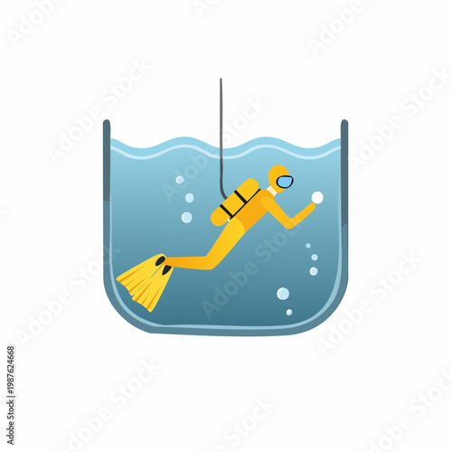 Cartoon diver in a glass of water, scuba diving illustration