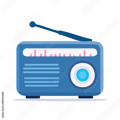 Cartoon-style blue radio receiver with antenna for audio broadcasting and communication