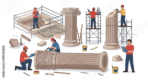 An overhead illustration shows workers restoring ancient ruins as part of global tourism landmark collages and museum education kits, depicted with scaffolding, tools, and various column