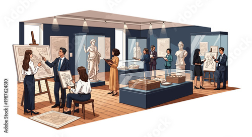 Illustrated scene depicting a museum education kit presentation about ancient ruins restoration, where educators guide visitors through landmark collages, set in a softly lit gallery