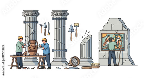 Illustrated scene depicting ancient ruins restoration in a global tourism landmark collage style, showing workers restoring a vase and a fresco with museum education kits, set