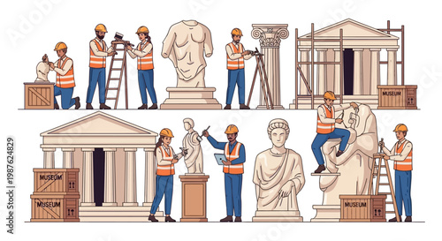 Flat vector illustration showing a team of diverse restoration workers in safety vests carefully restoring ancient ruins, using tools and standing on ladders, in a scene depicting museum