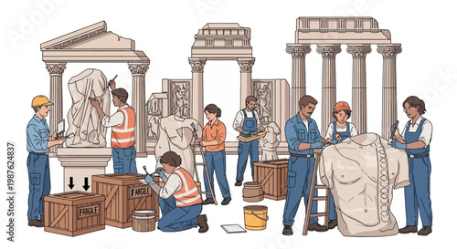 Illustrated restoration team enacting ancient ruins restoration scenes, carefully preserving artifacts and assembling museum education kits in a bright, detailed composition depicting
