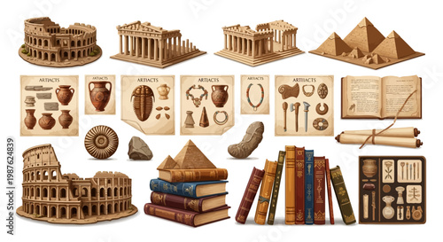 A detailed collage presents museum education kits alongside ancient ruins restoration scenes, showcasing global tourism landmark collages with pyramids, the Colosseum, and the Parthenon