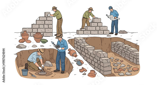 Illustration depicting the steps of ancient ruins restoration scenes, showing archaeologists carefully reconstructing a brick wall and sorting artifacts found in an excavation site