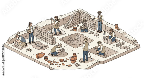 Isometric illustration showing a team working on ancient ruins restoration scenes, carefully excavating artifacts and reconstructing brick walls in a sandy dig site with a focus on museum