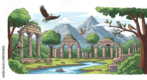 A whimsical illustration of ancient ruins restoration scenes features crumbling stone archways amidst lush greenery and a flowing river, set against towering mountains under a bright sky