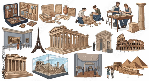 Illustrative collage depicting museum education kits alongside restoration scenes of ancient ruins, and global tourism landmark collages, presented with detailed line work and warm, earthy