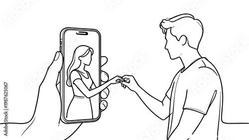 Minimal line art couple holding hands through smartphone, long distance love illustration