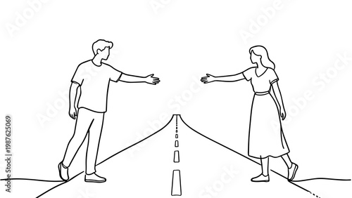Minimalist Continuous Line Art Couple Reaching Hands Across Distance Theme for Relationship Concept Illustration