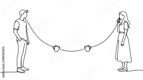 Minimalist Continuous Line Art Couple Holding String Cups Communication Theme for Relationship Concept Illustration