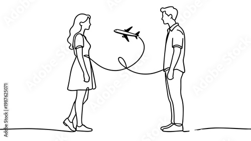 Minimalist Continuous Line Art Couple with Bird Connection Theme for Relationship Concept Illustration Use