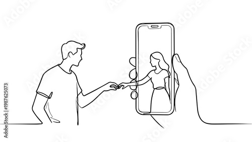 Minimal line art couple through smartphone, long distance love concept illustration