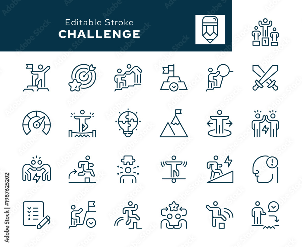 Fototapeta premium Challenge. Set of outline icons. Challenger, confrontation, competition, courage, overcome, struggle, contenders, conquering, hurdle, battle and more. Line icon in linear style. Vector collection.