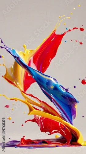 animation of colorful paint splashes flowing in an elegant abstract motion against a clean white background. The fluid dynamics and vibrant colors create a visually striking composition with smooth.