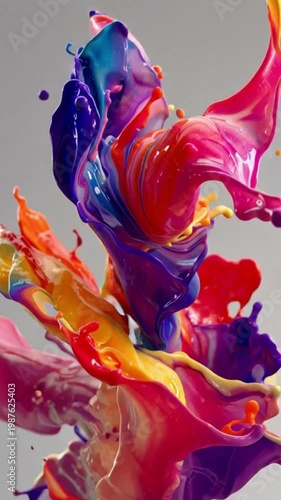 animation of colorful paint splashes flowing in an elegant abstract motion against a clean white background. The fluid dynamics and vibrant colors create a visually striking composition with smooth.