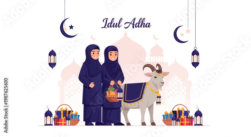 Vector illustration depicting two veiled women standing next to a decorated goat against a backdrop of crescent moons and lanterns, conveying a festive mood with gifts and a traditional