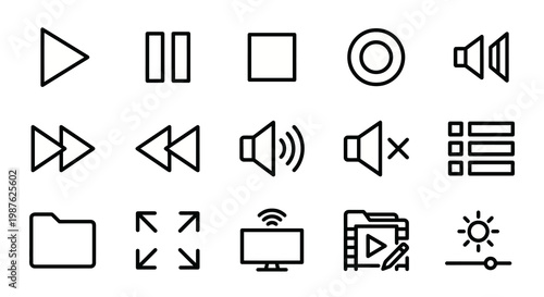 Vector icon set for video streaming and content creation apps. Clean outline style for media players, video editors, and entertainment dashboards. Professional UI/UX playback symbols.