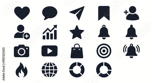 Vector icon set for social media marketing and influencer dashboards. Bold solid style for engagement metrics, content management apps, and digital strategy tools. Professional UI/UX symbols.