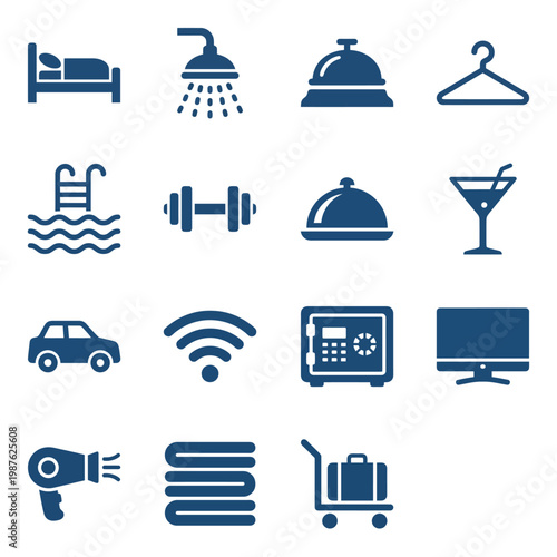 Vector icon set for hotel amenities and hospitality apps. Bold solid style for guest services, booking platforms, and resort management UI/UX. Professional travel and lodging symbols.