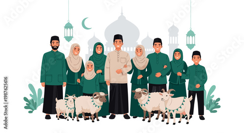 Stylized illustration of a Muslim family in green attire standing with sheep, set against a backdrop of lanterns and a mosque on a white background, conveying a sense of community
