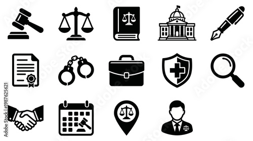 Vector icon set for legal tech and law firm apps. Bold thick style for legal dashboards, case management systems, and attorney websites. Professional law and justice interface symbols.