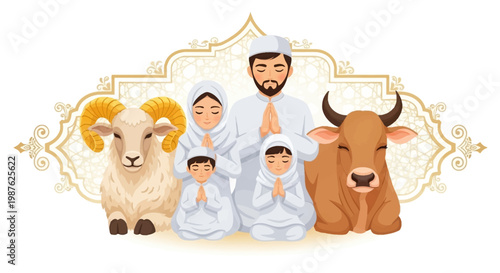 Illustrated Muslim family dressed in white, praying alongside a ram and cow against an ornate backdrop, presented in a wide-angle shot that captures the significance of Eid al-Adha