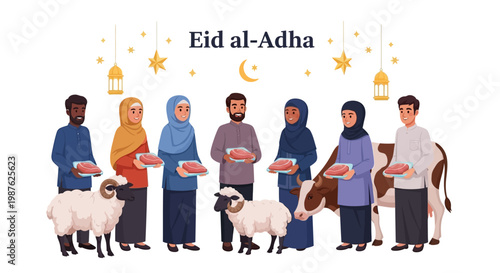 A diverse group of people, some wearing hijabs, stand together in a brightly lit, minimalist setting, each holding a plate of meat, with sheep and a cow nearby, celebrating Eid al-Adha