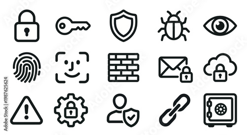 Vector icon set for cybersecurity and data privacy platforms. Bold rounded outline style for security dashboards, antivirus software, and privacy protection UI/UX. Professional digital safety symbols.