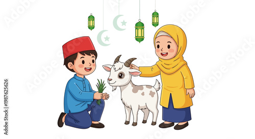 Illustrated scene of a young boy offering grass to a goat while a girl in a yellow hijab pets it, set against a clean white background with hanging lanterns and crescent moon symbols
