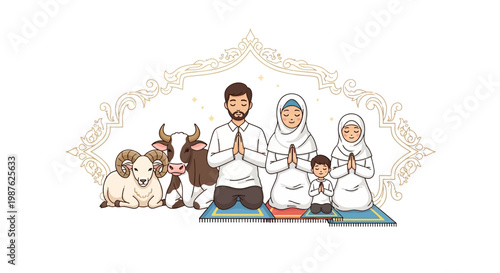 Illustration of a Muslim family praying together on prayer mats, flanked by livestock including a cow, goat, and sheep, rendered in a cheerful cartoon style against a clean, white
