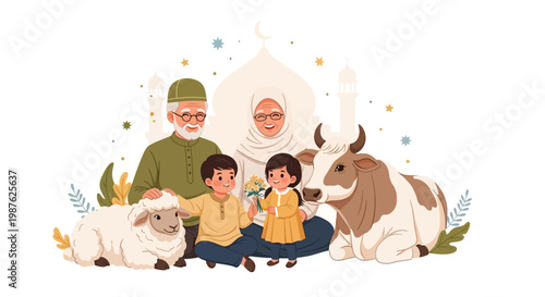 A loving Muslim family, including children and grandparents, is depicted in a cheerful vector illustration with a cow and sheep, set against a clean white background with a mosque