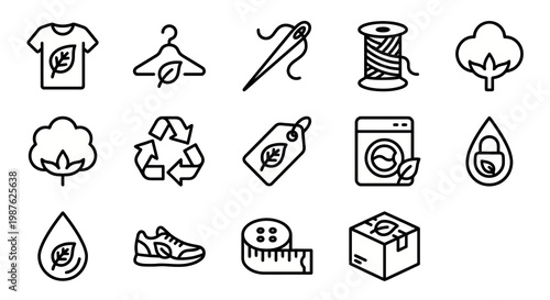 Vector icon set for sustainable fashion brands and eco-friendly e-commerce platforms. Bold rounded outline style for slow fashion apps, ethical clothing dashboards, and green retail UI/UX. 