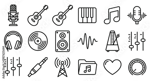 Vector icon set for music production, audio editing, and podcasting apps. Clean rounded outline style for digital audio workstations (DAW), studio dashboards, and sound design UI/UX. Professional 