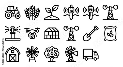 Vector icon set for smart agriculture and agritech platforms. Bold rounded outline style for farm management dashboards, precision farming apps, and agricultural UI/UX. Professional 