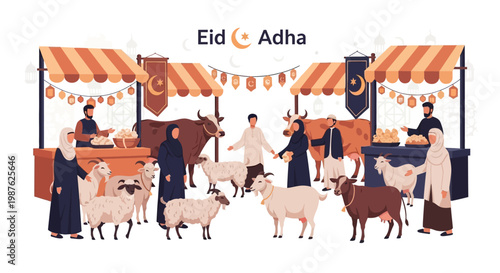 Eye-level shot of a diverse group of people in traditional clothing gathered around livestock at an outdoor market with stalls under striped awnings, with warm tones conveying a festive