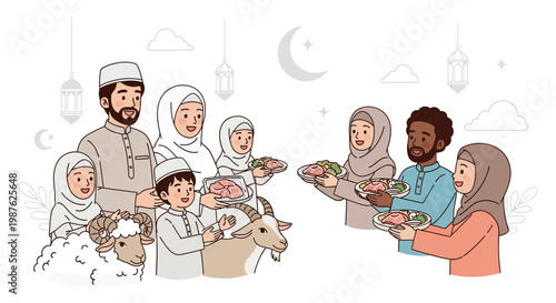 Cartoon illustration of a diverse Muslim family group celebrating Eid al-Adha, holding food offerings near a sheep and goat against a bright background, rendered in a cheerful and inviting