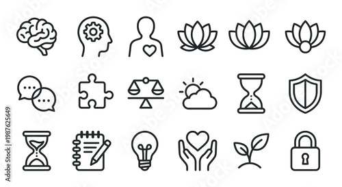 Vector icon set for psychology, mental health, and wellness apps. Clean rounded outline style for therapy platforms, meditation trackers, and counseling dashboards. Professional healthcare 