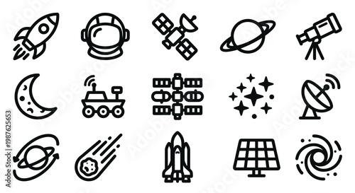 Vector icon set for space exploration and aerospace engineering. Bold rounded outline style for astronomy apps, science dashboards, and galactic education UI/UX. Professional cosmos and technology 