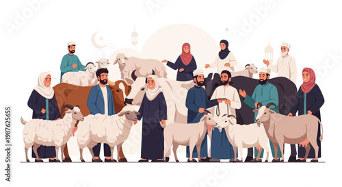A diverse group of Muslims are depicted with cows, sheep, and goats in an illustration against a white backdrop, showcasing a cultural celebration with vibrant colors and a flat vector