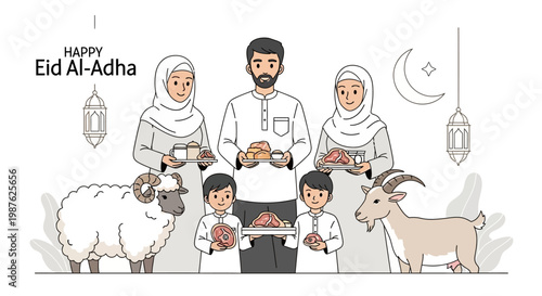 Illustration of a family celebrating Eid al-Adha, standing together with a sheep and a goat against a clean white background, rendered in a cartoon style with soft, neutral colors