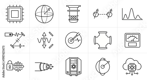 Vector icon set for quantum computing and advanced laboratory research. Clean thin line style for deep tech dashboards, scientific software, and quantum physics UI/UX. Professional technology symbols.