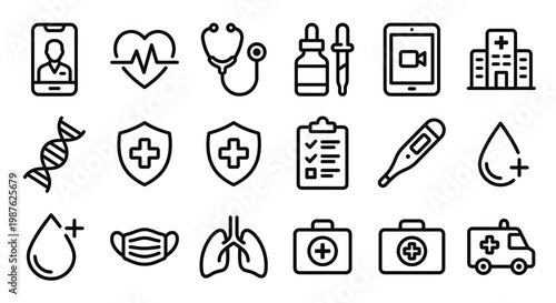 Vector icon set for digital health, telemedicine, and medical technology platforms. Clean rounded outline style for healthcare apps, doctor-patient portals, and wellness tracking UI/UX. Professional 