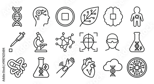 Vector icon set for bio-digital convergence, bioinformatics, and synthetic biology. Clean rounded outline style for health-tech dashboards, biotech research software, and future-tech UI/UX. 