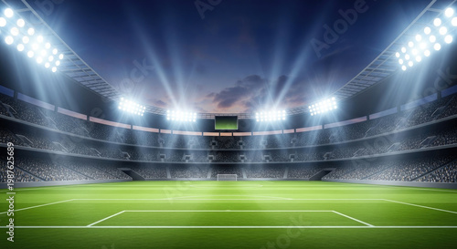 Wide shot of a brightly lit soccer stadium filled with spectators under a twilight sky showcasing modern architecture and a vibrant green field