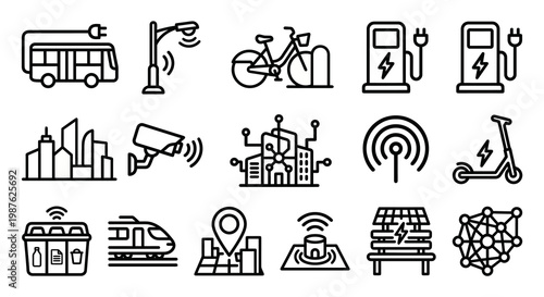 Vector icon set for Smart City infrastructure and Urban Mobility platforms. Bold rounded outline style for city management dashboards, public transport apps, and IoT urban planning UI/UX. Professional
