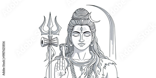 Minimal Shiva Illustration with Trident in Line Art Style