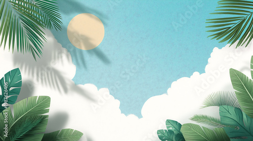 Tropical Sky Background with Palm Leaves White Clouds and Warm Sun
