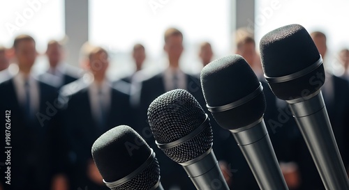 Press Conference Microphones Ready for Speakers and Audience.