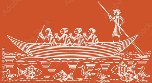 Warli folk art illustration of fishermen in a boat, traditional Indian tribal painting of fishing scene, ethnic white line drawing on terracotta isolated PNG with Transparent Background